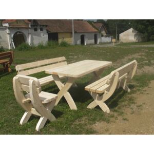 Dřevěný zahradní nábytek z masivu Rainbach přírodní + židle (Dřevěný zahradní nábytek sestava přírodní 50 mm; 1 x stůl; 2 x lavice; 1 x židle)
