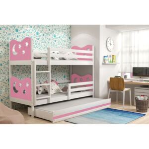 Patrová postel MIKO 3 + matrace + rošt ZDARMA, 90x200, bílý, růžová