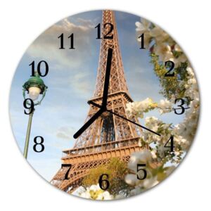 E-shop24, průměr 30 cm, Nástěnné hodiny obrazové na skle - Eiffelova věž v Paříži