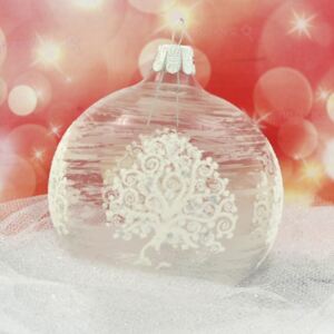 Vánoční koule, průhledná, lesk, dekor bílý strom počet kusů v balení: 6 ks, Velikost: 8 cm