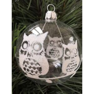 Vánoční koule, průhledná, lesk, bílý dekor sovy na větvi počet kusů v balení: 6 ks, Velikost: 7 cm