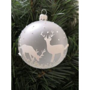 Vánoční koule, nestříbřená, průhledná, bílý mat, dekor se soby počet kusů v balení: 6 ks, Velikost: 8 cm