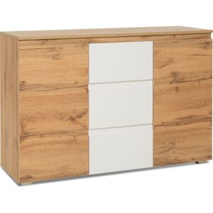 FARELA Kombinovaná skříň / komoda, 2x dveře 3x zásuvka, 120 cm, dub/bílá, skandinávský styl Barva: dub / bílá