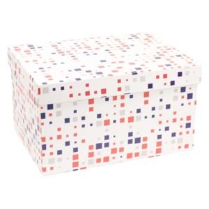 Dárková krabice s víkem 350x250x150/40 mm, VZOR - KOSTKY fialová/korálová