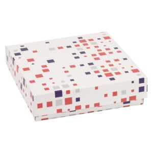 Dárková krabička s víkem 200x200x50/40 mm, VZOR - KOSTKY fialová/korálová
