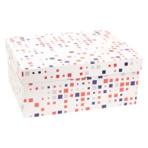 Dárková krabice s víkem 350x250x200/40 mm, VZOR - KOSTKY fialová/korálová