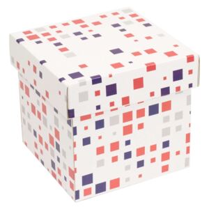 Dárková krabička s víkem 150x150x150/40 mm, VZOR - KOSTKY fialová/korálová