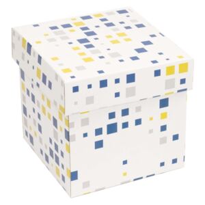 Dárková krabička s víkem 150x150x150/40 mm, VZOR - KOSTKY modrá/žlutá