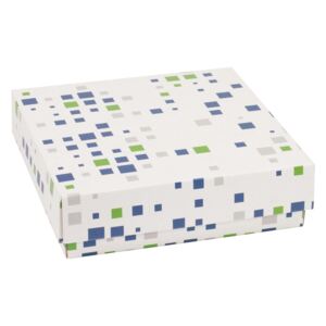 Dárková krabička s víkem 200x200x50/40 mm, VZOR - KOSTKY zelená/modrá