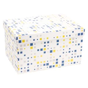 Dárková krabice s víkem 350x250x150/40 mm, VZOR - KOSTKY modrá/žlutá