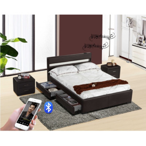 Manželská postel 160x200 cm s roštem, Bluetooth repro a LED osvětlením černá ekokůže TK3017