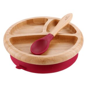 Dětský bambusový talíř s přísavkou a lžičkou | červená - Avanchy