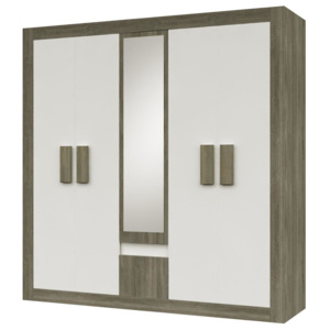Šatní skříň 231 cm se zrcadlem s bílými dveřmi s prvky dekoru dub s korpusem dub trufla typ 21 F2003