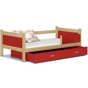 Dřevěná dětská postel se zábranou TWIST P 190x90 BOROVICE-ČERVENÁ Výprodej