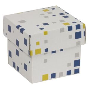 Dárková krabička s víkem 100x100x100/40 mm, VZOR - KOSTKY modrá/žlutá