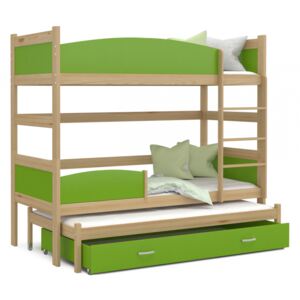 Patrová postel TWIST pro 3 osoby s úložným prostorem (Borovice), Zelená