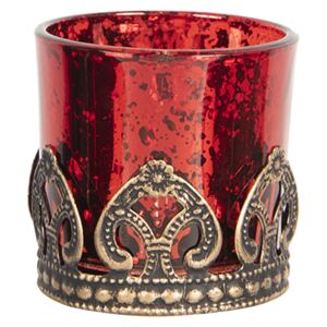 Červený skleněný svícen na čajovou svíčku s kovovým zdobením -Ø 5*5 cm