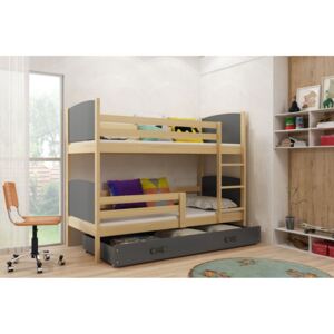 Dětská patrová postel Evžen - 2 osoby, 90x200 s úložným prostorem – Borovice, Grafit