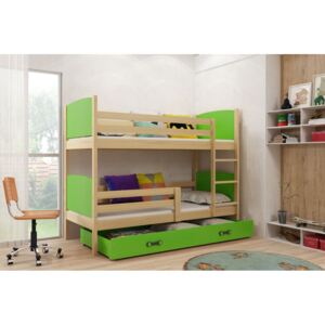 Dětská patrová postel Evžen - 2 osoby, 80x190 s úložným prostorem – Borovice, Zelená