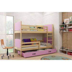 Dětská patrová postel Evžen - 2 osoby, 80x190 s úložným prostorem – Borovice, Růžová