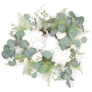 Proutěný věnec zdobený umělými květinami, bílá/zelená