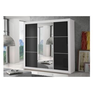 Šatní skříň se zrcadlem Elba 250 cm, bílý korpus, černý lesk dveře