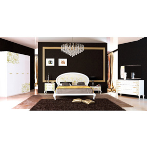 Ložnice RAVENA - postel 160x200+rošt+matrace DE LUX+měkký záhlavník+noč. stolky 2 š a 1 š+čtyřdveřová skříň+komoda 3 š+zrc., bílá lesk/zlatá