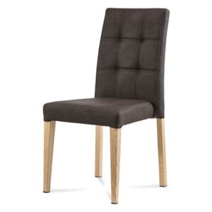 Jídelní židle, hnědá látka v dekoru broušené kůže, kovová podnož, 3D dekor dub