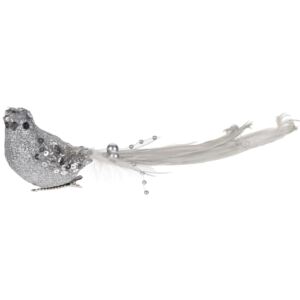 Dekorační ptáček s klipem stříbrná, 21 cm