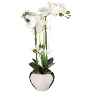 Umělá květina, tři orchideje s bílými květy v stříbrném květináči
