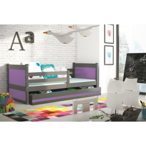 Dětská postel FIONA + matrace + rošt ZDARMA, 90x200 cm, grafit, fialová