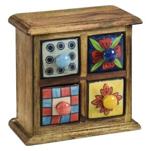 Sanu Babu Dřevěná skříňka se 4 keramickými šuplíky, ručně malované, 18x9x17cm