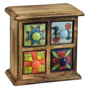 Sanu Babu Dřevěná skříňka se 4 keramickými šuplíky, ručně malované, 17x9x18cm