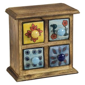 Sanu Babu Dřevěná skříňka se 4 keramickými šuplíky, ručně malované, 17x10x17cm