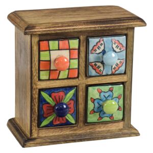 Sanu Babu Dřevěná skříňka se 4 keramickými šuplíky, ručně malované, 18x10x18cm