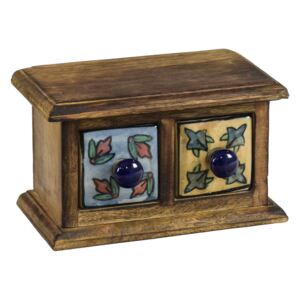 Sanu Babu Dřevěná skříňka se 2 keramickými šuplíky, ručně malované, 17x9x10cm