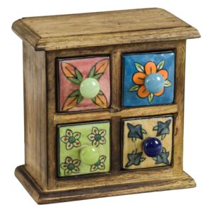 Sanu Babu Dřevěná skříňka 18x10x18cm se 4 keramickými šuplíky, ručně malované