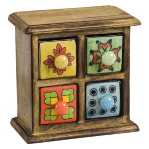 Sanu Babu Dřevěná skříňka se 4 keramickými šuplíky, ručně malované, 17x9x17cm