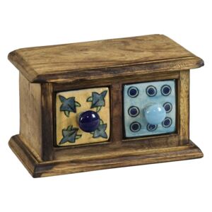 Sanu Babu Dřevěná skříňka se 2 keramickými šuplíky,žlutý a modrý,ručně malované, 17x9x10cm