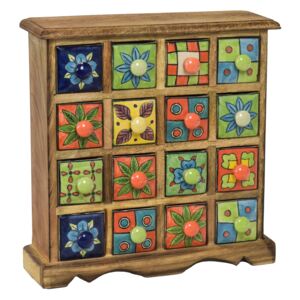 Sanu Babu Dřevěná skříňka s 16 keramickými šuplíky, ručně malované, 31x10x32cm