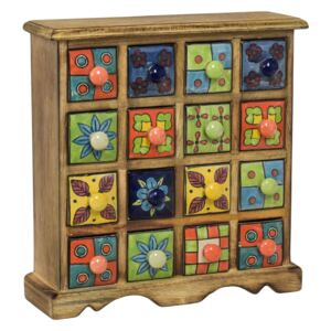 Sanu Babu Dřevěná skříňka s 16 keramickými šuplíky, ručně malované, 31x10x32cm