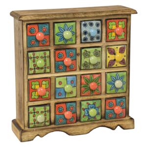 Dřevěná skříňka s 16 ručně malovanými keramickými šuplíky, 31x10x32cm