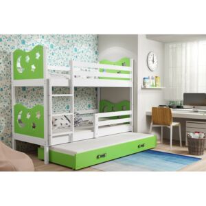 Dětská patrová postel Bohdan - 3 osoby, 80x190 s výsuvnou přistýlkou – Bílá, Zelená