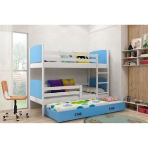 Dětská patrová postel Evžen - 3 osoby, 80x190 osoby s výsuvnou přistýlkou – Bílá, Modrá