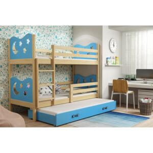 Dětská patrová postel Bohdan - 3 osoby, 80x190 s výsuvnou přistýlkou – Borovice, Modrá