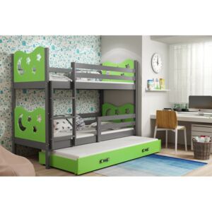 Dětská patrová postel Bohdan - 3 osoby, 90x200 s výsuvnou přistýlkou – Grafitová, Zelená
