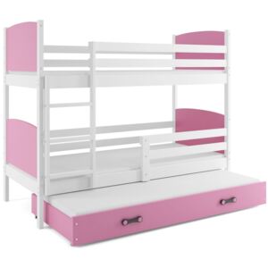 Dětská patrová postel Evžen - 3 osoby, 90x200 osoby s výsuvnou přistýlkou – Bílá, Růžová