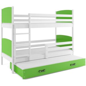 Dětská patrová postel Evžen - 3 osoby, 90x200 osoby s výsuvnou přistýlkou – Bílá, Zelená