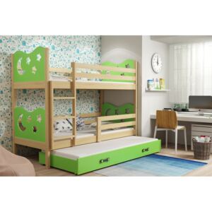 Dětská patrová postel Bohdan - 3 osoby, 80x190 s výsuvnou přistýlkou – Borovice, Zelená