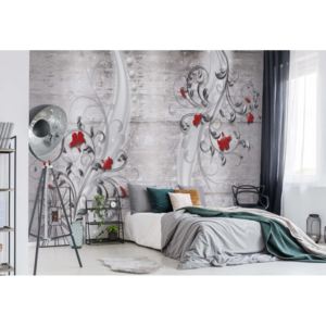 Fototapeta - šedá s ornamenty a květy Vliesová tapeta - 206x275 cm